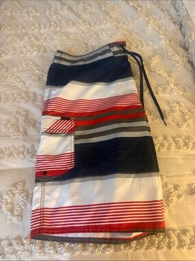 O'Neill Red White and Navy Striped Drawstring Mini Skirt